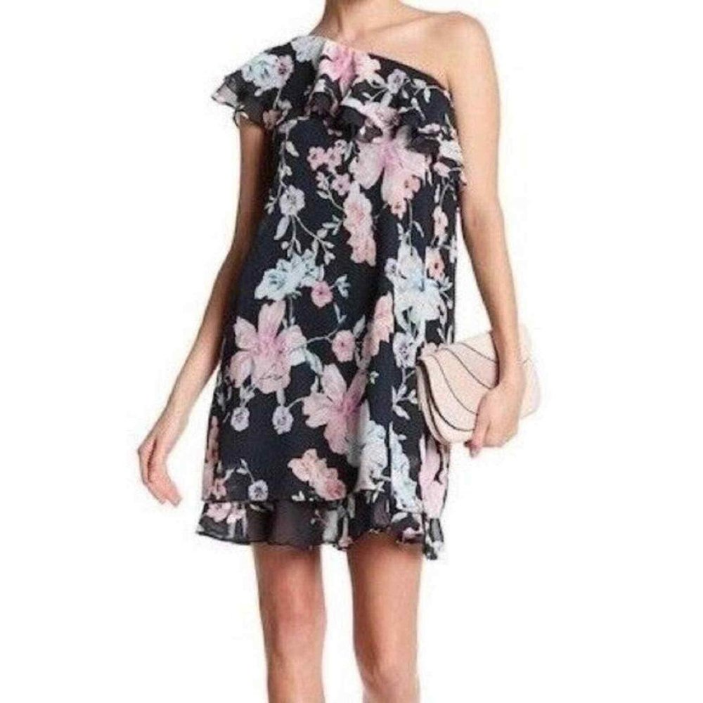 Eliza J Dark Green Floral One Shoulder Ruffle Chiffon Dress NWT